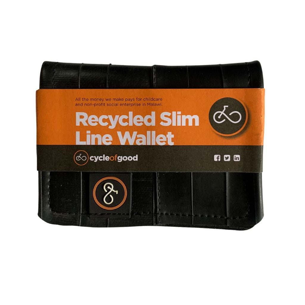 Black recycled slim line wallet with orange label on a white background