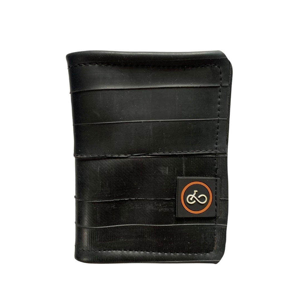 Black leather wallet with a brand logo on a white background