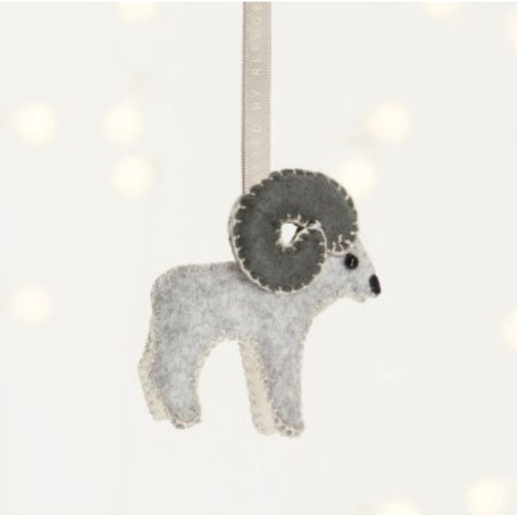 Bold Ram decoration by MADE51. A grey felted ram on a ribbon. 