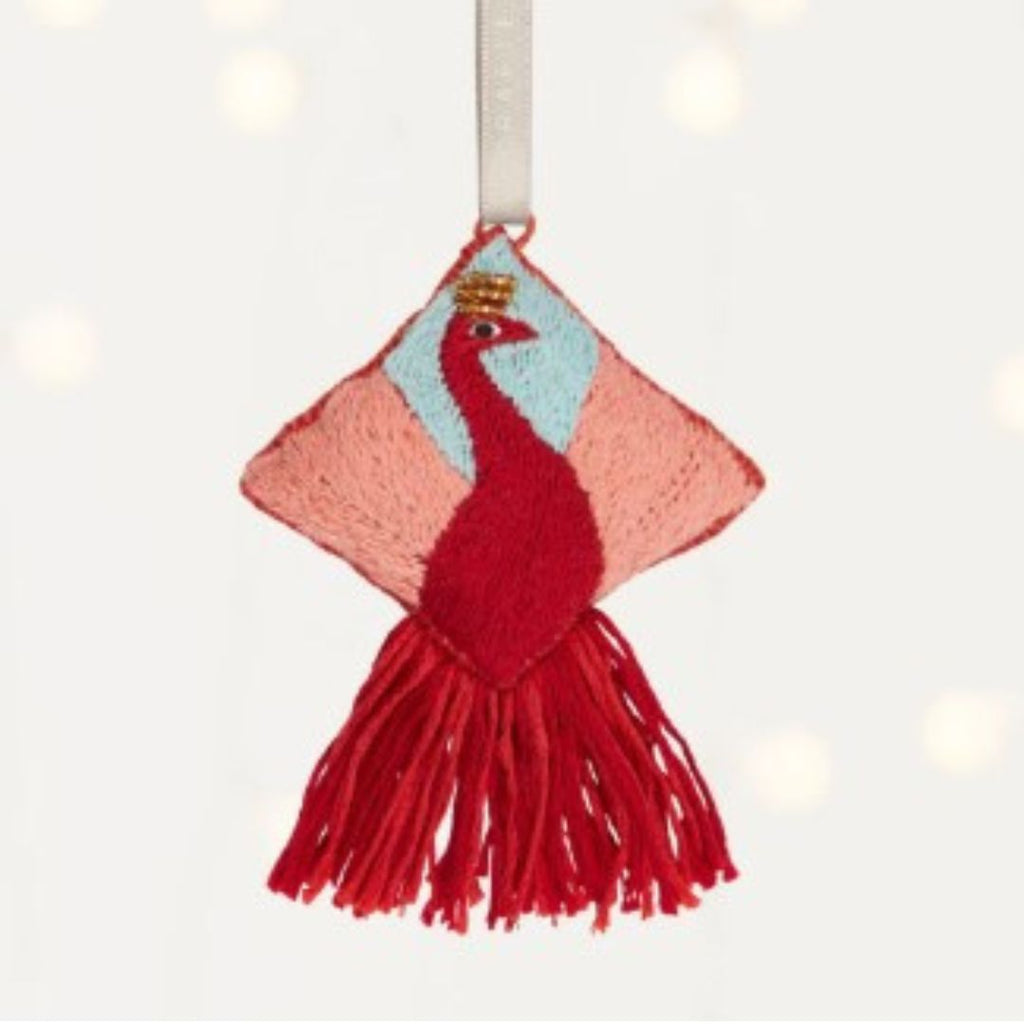 Splendid Peacock Decoration by MADE51. A vibrant embroidered peacock adorned with a golden bead crown.