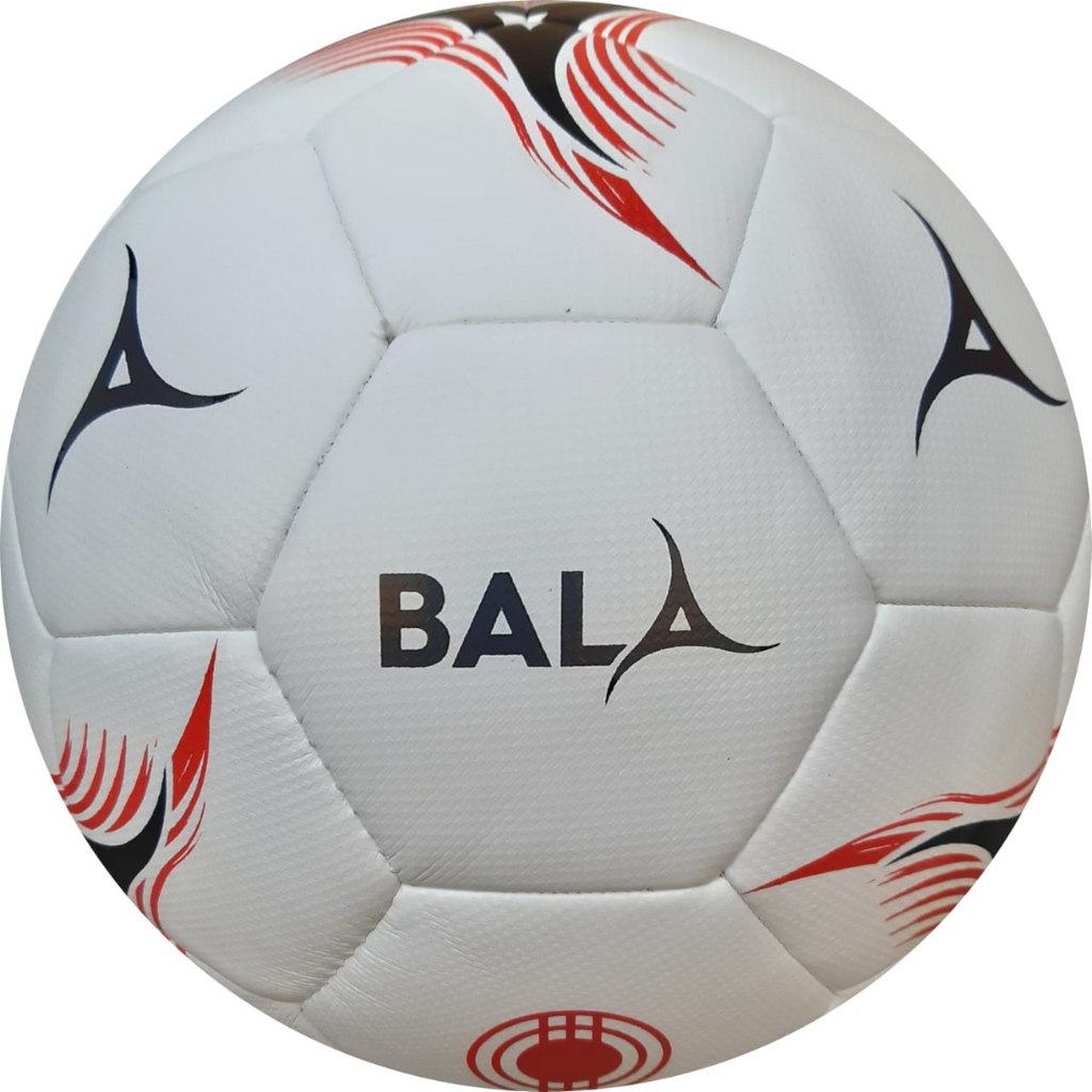 White Team football with red and black patterns and 'BALA' branding on a white background