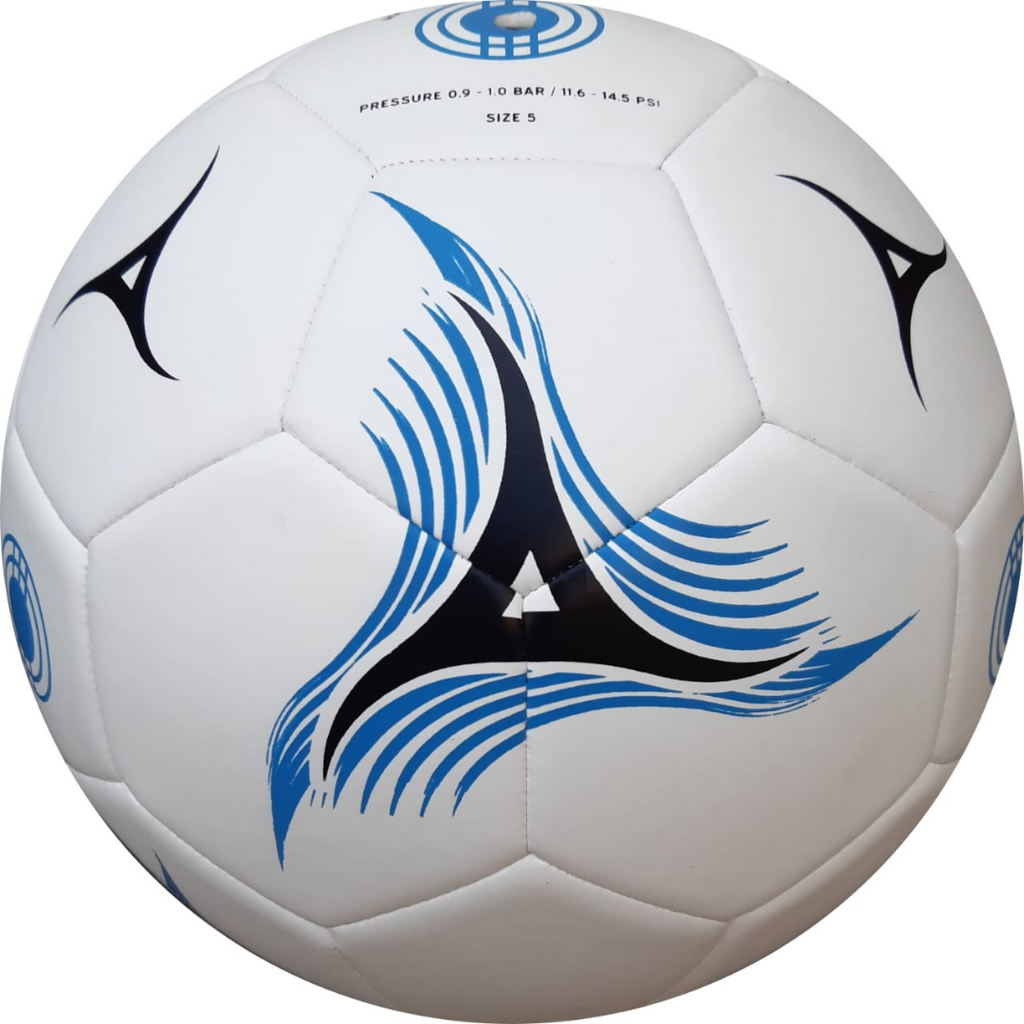 White Bala Play Training Football with blue and black design on a white background.