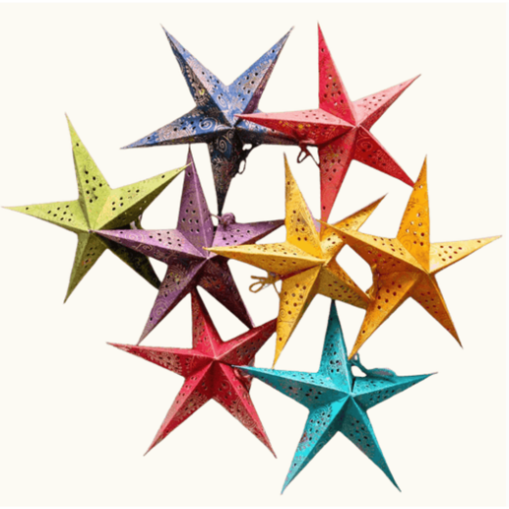  Paper rainbow decorative stars are created using recycled cotton waste and paper making techniques. Each star opens to reveal a gold tear dropped motif - perfect for parties and seasonal decor. Dimension 20cm.